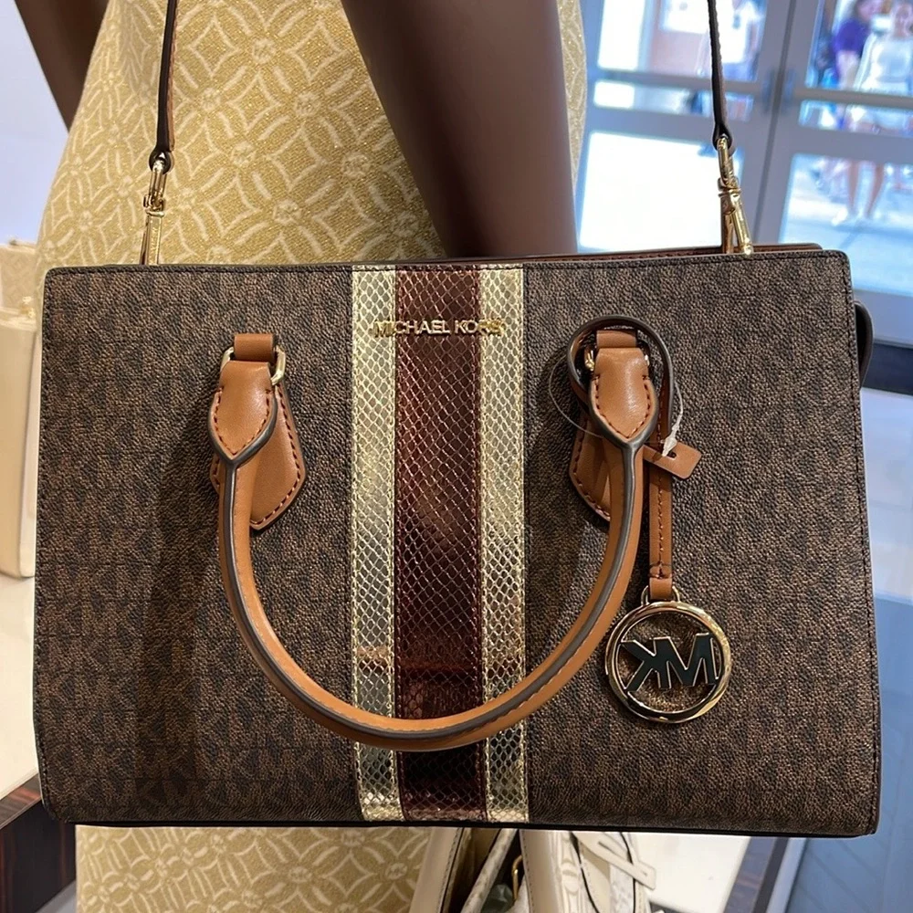 Michael Kors Sheila Medium Signature Logo and Metallic Satchel Crossbody CZ NWT